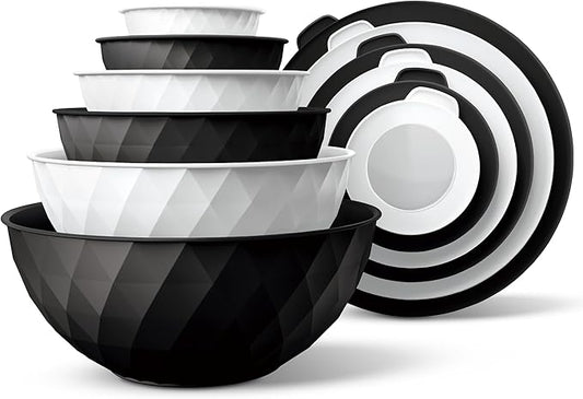 COOK WITH COLOR Mixing Bowls with Lids - 12 Piece Plastic Nesting Bowls Set includes 6 Prep Bowls and 6 Lids, Microwave Safe Mixing Bowl Set, Black and White Diamond