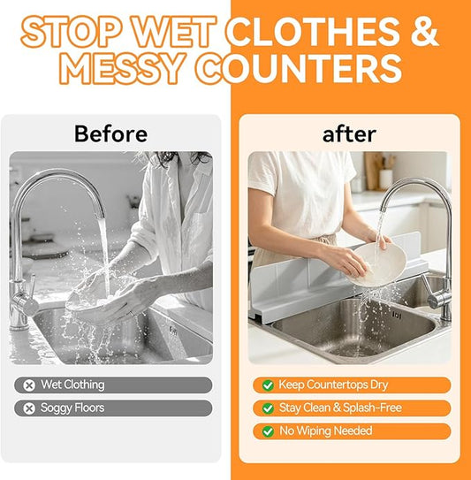 Kitchen Sink Splash Guard 22.8 Inch, Self-Draining Silicone Water Splash Guard with 7 Suction Cups, High Splash Wall & Overhang Edge, Keeps Countertop Dry, Dishwasher Safe (Gray)