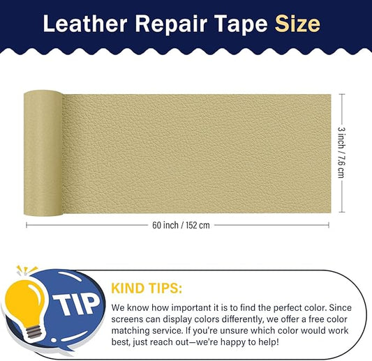 Zenyao Leather Repair Patch Tape - Self Adhesive Leather Repair Kit for Car Seat Furniture, Heavy Duty Vinyl Repair Patch for Couch Sofa, Waterproof Fix for Tears, 3x60 Inch Roll, White Khaki