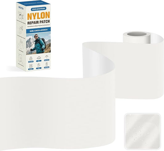 KING MOUNTAIN Self Adhesive Nylon Fabric Repair Tape, 4×63 Inches, Quick Down Jacket Repair Patch, Waterproof Outdoor Gear Patch Kit for Tent,Backpacks,Umbrella, Gloves, Sleeping Bag (White）