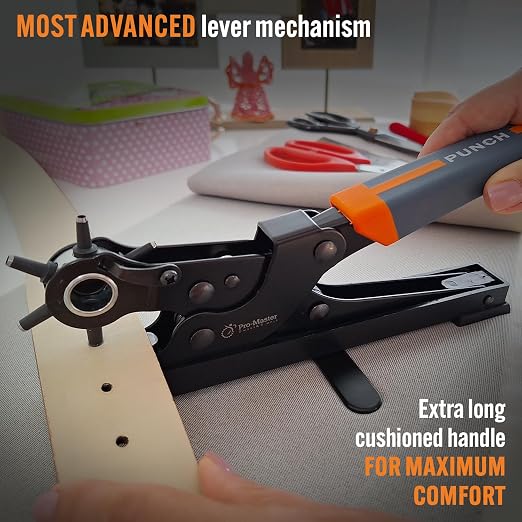 Pro-Master Desktop Leather Hole Puncher - Belt Hole Puncher for Leather with Tabletop Base - One Hand Use, Heavy Duty Carbon Steel, 6 Rotary Sizes 2-4.5mm for Watch Band, Shoes, Bag Strap & Crafts