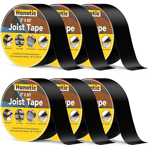 Joist Tape for Decking 2'' X 50', 6 Rolls Weather Resistance Butyl Tape, Waterproof and Anti-Corrosion, Self-Adhesive for Wood Joists Decks Beams Roof Extend Deck Life