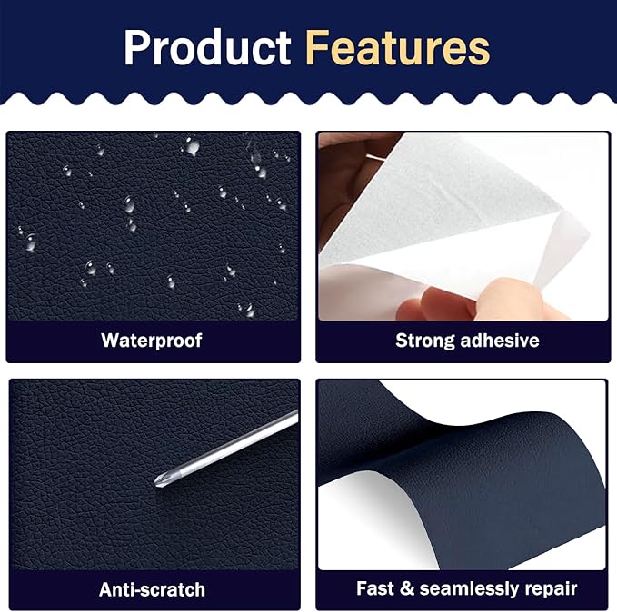 Zenyao Leather Repair Patch Tape - Self Adhesive Leather Repair Kit for Car Seat Furniture, Heavy Duty Vinyl Repair Patch for Couch Sofa, Waterproof Fix for Tears, 12x30 Inch Roll, Navy Blue