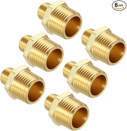 Packs of 6, 1/2" MNPT To 1/4" MNPT Solid Brass Hex Nipple Hose Connectors, Male Pipe Adapter for Pipe Leak Repair, Bathroom Remodeling, Tool Extension, Compression, Irrigation