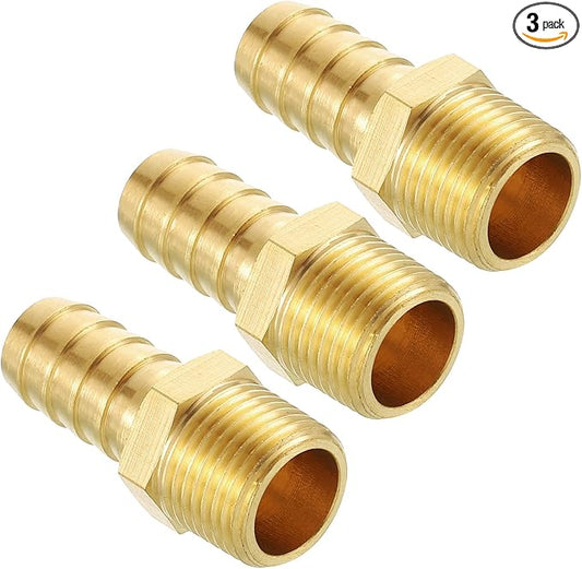 Pack of 3 Brass Hose Barb Fittings Adapter Connector 1/2" Hose Barb to 3/8" NPT Male Fittings for Home Machines, Massage Bathtubs, and Irrigation Systems
