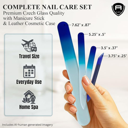 Alban Czech Glass Nail File Set with Manicure Stick & Vegan Leather Cosmetic Case (Royal Blue Nail Files, Royal Manicure Stick & Light Blue Cosmetic Case)