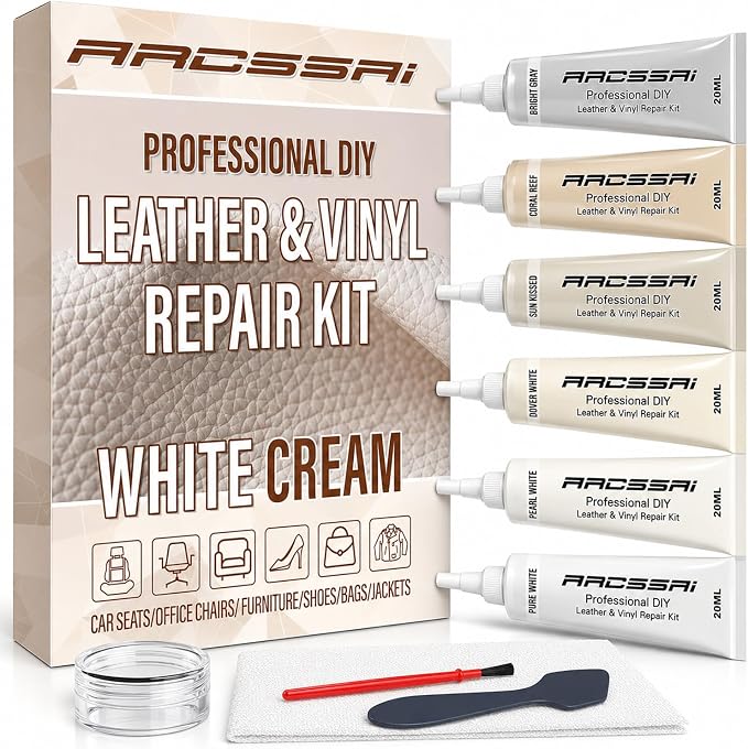 ARCSSAI ARCSSAL Cream Leather & Vinyl Repair Kit, Car Seats, Couch, Boat, Sofa, Jacket & Purse, Fix Scratch & Rip on Artificial, Faux, Genuine Leather, Easy for Anyone to Match Ideal Color