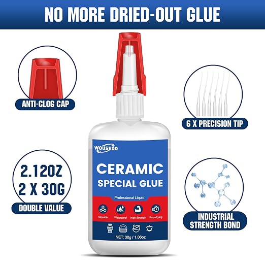 WOUSEDO Ceramic Glue 2 x 30g, Waterproof & Heat-Resistant Instant Adhesive | High-Strength & Clear, Fast Curing Super Glue for Porcelain, Clay Pots, Figurine, Pottery, Dishes Repair, DIY Crafts.
