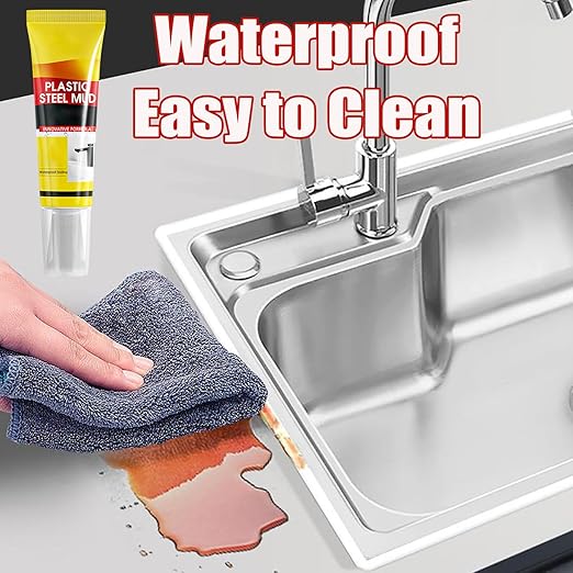 XIRUJNFD 5.3 Oz Multifunctional Waterproof White Caulk with Scraper, Plastic Steel Repair Adhesive for Kitchen Bathroom, Stronger Adhesion Sealant for Window Toilet Sink, Quick-Drying (1 Set)