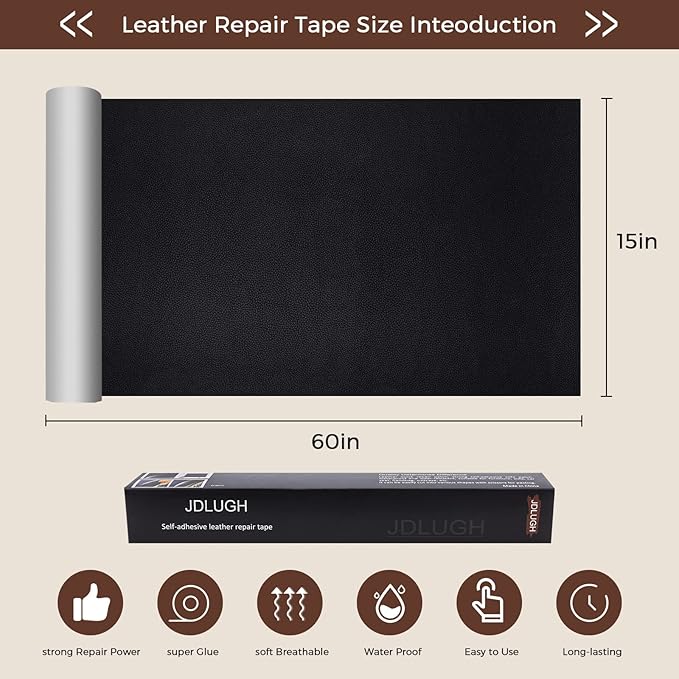 JDLUGH Sofa Leather Repair Patch Tape, Large Self Adhesive Couch, Car Seat, Office Chair, Leather Furniture, Vinyl Repair Patch Kit for Furniture (15x60 Inch, Black)