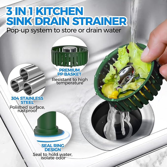 Upgraded 3in1 Kitchen Sink Drain Strainer & Sink Stopper, Stainless Steel Kitchen Drain Plug & Cover with Anti-Clogging Basket Strainer, Fit US Standard 3-1/2'' Sink Drain Hole, OliveGreen