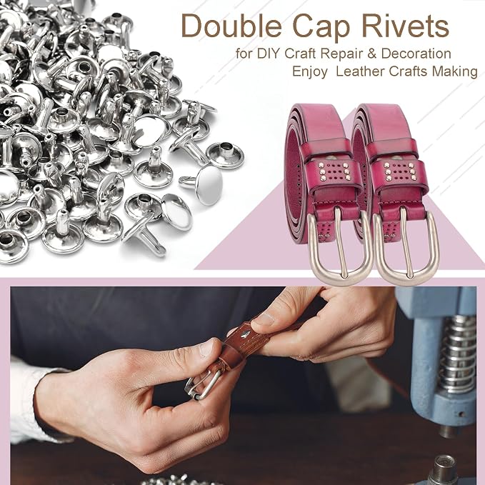 200Sets Rivets for Leather, 10mm Double Cap Leather Rivets Metal Tubular Studs for Key Fob Clothing Pets Collar Boots Bags Belt Repair and Decoration (Silver)