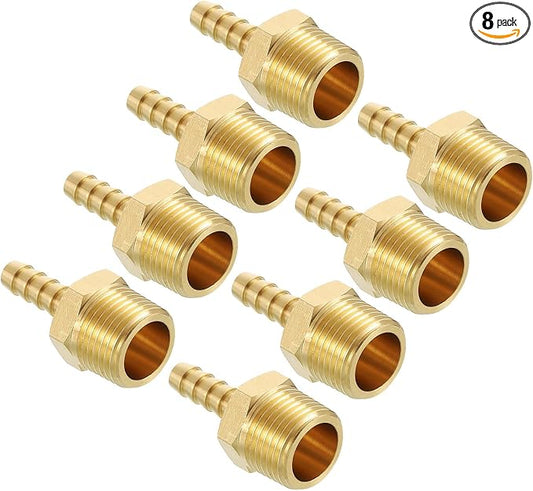 Pack of 8 Brass Hose Barb Fittings Adapter Connector 1/4" Hose Barb to 3/8" NPT Male Fittings for Home Machines, Massage Bathtubs, and Irrigation Systems