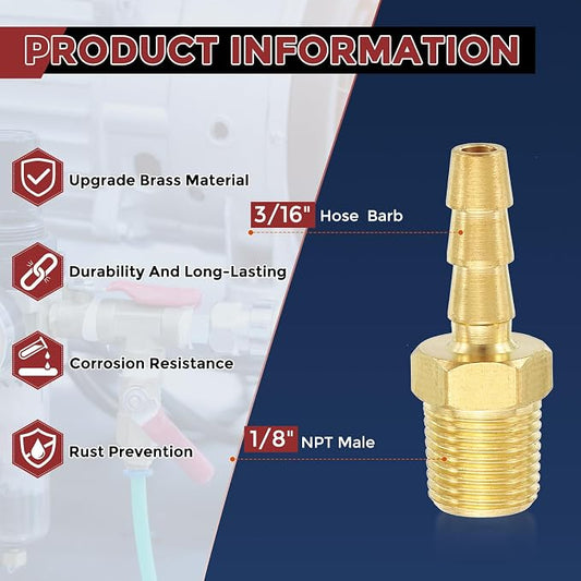 Pack of 8 Brass Hose Barb Fittings Adapter Connector 3/16" Hose Barb to 1/8" NPT Male Fittings for Home Machines, Massage Bathtubs, and Irrigation Systems