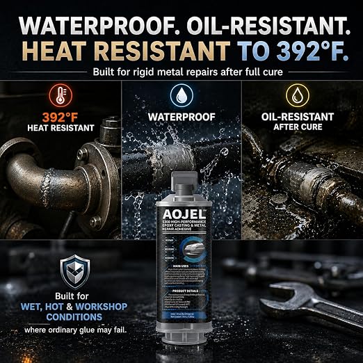 Metal Epoxy Repair System for Aluminum & Metal, 2-Part Cold Weld Load-Bearing Waterproof, Oil & Heat Resistant 392°F, Drillable Sandable Paintable, 30-Min Working Time 1.69 oz