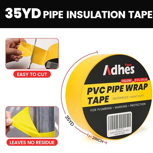ADHES PVC Pipe Wrap Tape, 2 Inch X 35 Yds, Corrosion Protection Pipe Tape, Weatherproof PVC Tape for Drain Pipe, Metal & Electrical Piping, Underground Pipe, Yellow