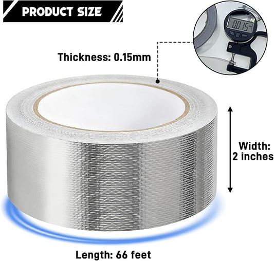 2" x 66 Ft Aluminum Foil Tape, 5.91 mil - Heavy Duty Heat Shield & Thermal Insulation Fiberglass Tape for HVAC Ductwork, Metal Ducts, Dryer Vents, AC Pipes, Exhaust Repair