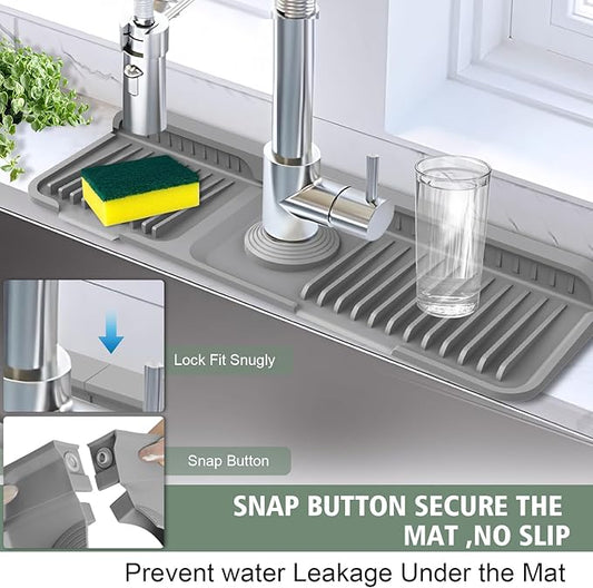 17.7-Inch Kitchen Sink Splash Guard Mat | 7° Slope for Fast Self-Draining | Snap-Lock Design | Universal & Cuttable Silicone Faucet Mat Gray