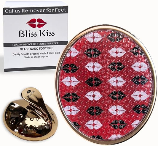 Bliss Kiss Callus Remover for Feet Nano Glass Pumice Stone for Feet, Hard Skin Foot File w/Easy Grip-No Slip Handle, Heel Scraper for Cracked Heels, Pedicure Tools for Feet, Foot Scraper