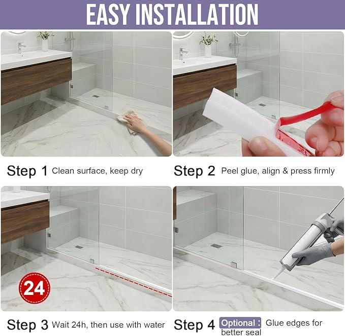 Shower Threshold Water Dam Barrier - Versatile, Silicone Shower Water Guard Stopper Seal Strip for Bathroom Floor, Bathtub Rim, Kitchen Countertop (White, 59 In/ 1.5M)
