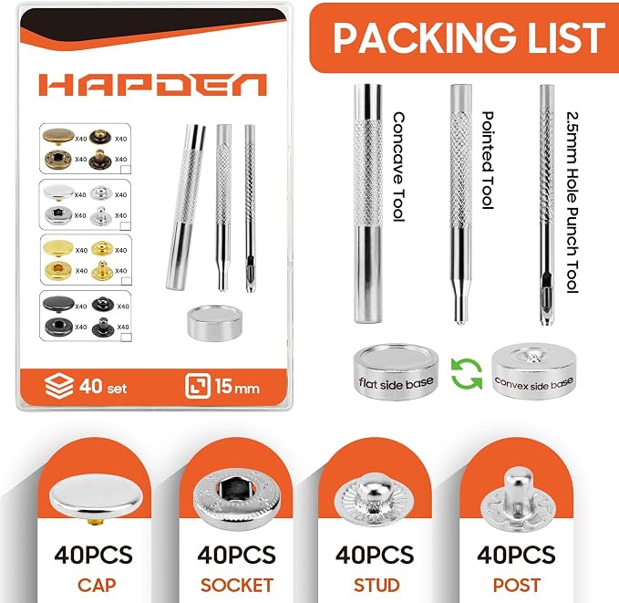 Leather Snaps and Fasteners Kit，12.5mm 40 Sets Metal Snap Buttons with Setter Tools， Sewing Snaps for Clothing，Fabric，Leather, Clothes, Jackets, Bags, DIY Crafting （Silver）