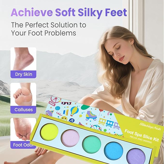 Foot Soak Salts Bath Spa Set Supplies Foot File Callus Remover, 2 Foot Scrubber Dead Skin Cracked Heels, 5 Organic Handmade Foot Bath Bombs Christmas Gift-Ready Packaging for Home Travel Pedicure Care