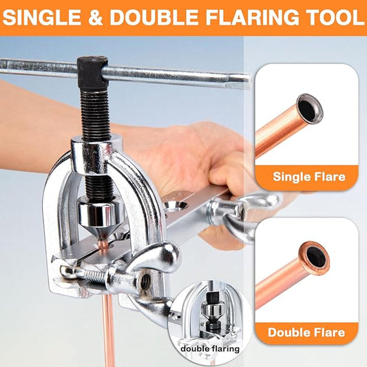 3/16" Brake Line Repair Kit - Double & Single Brake Line Flaring Tool Kit 1/4" 5/16" (with Tube Cutter & 5 Adapters) + 25Ft Copper Coated Brake Line (with 4 Unions & 16 Fittings) + Brake Line Bender