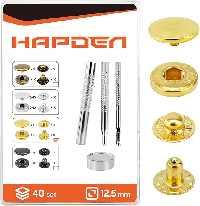 Leather Snaps and Fasteners Kit，12.5mm 40 Sets Metal Snap Buttons with Setter Tools， Sewing Snaps for Clothing，Fabric，Leather, Clothes, Jackets, Bags, DIY Crafting （Gold）