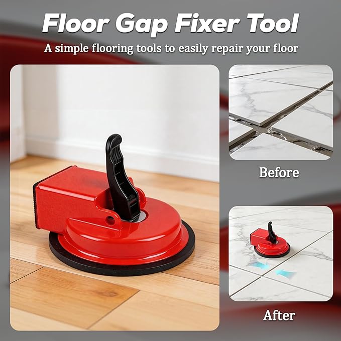 Floor Gap Fixer Tool, Upgraded Heavy Duty Floor Gap Fixer Suction Cup Tool, Made of Iron & Adjustable Height Setter, for Wood, Laminate, Tile, Vinyl Floor Gap Repair Tools (Red)
