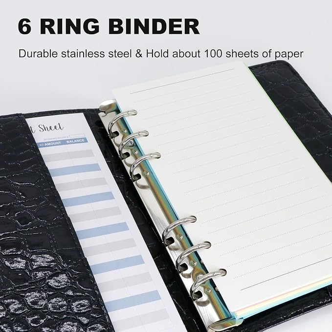 Convend A6/A5 Refillable 6 Ring Faux Leather Budget Binder,Mini Notebook Binder Cover for A5 Filler Paper,Loose Leaf Personal Planner Cover with Magnetic Buckle Closure(Crocodile-Black)