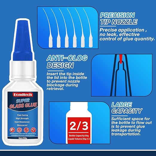 Glass Glue Clear Repair Heavy Duty 30 g, Super Glue for Glass with Anti-Clog Cap, for Acrylic, Mirror and More, Waterproof, Heat-Resistant (Clear, 30 Grams * 1 Pack, Glass Glue)