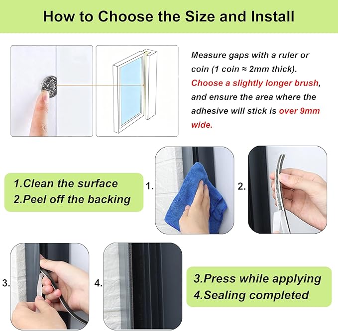 ZOMPAGO Strong Adhesive Brush Weather Stripping 2 Rolls 0.6in (T）x 0.4in (W) x 33FT, Door Seal for Sliding Windows & Doors,Soundproof Noise Blocker,Draft Stopper for Garage Door Frame & Exterior Doors