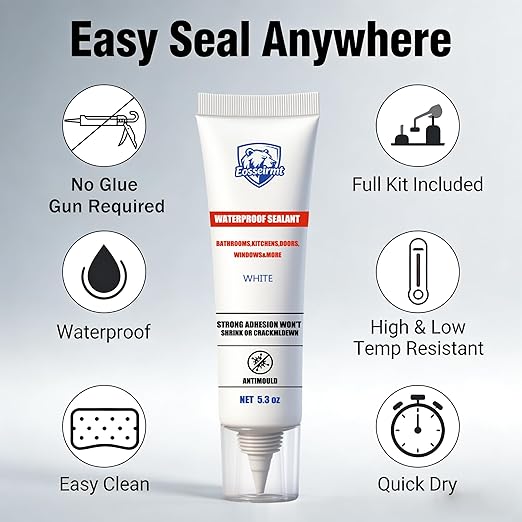 White Silicone Caulk – 1 Pack Tub Caulk Waterproof Sealant, Paintable Bathtub Caulk with Free Tools, 5.3 oz White Silicone Caulk for Bathroom Shower Sink Toilet and Kitchen