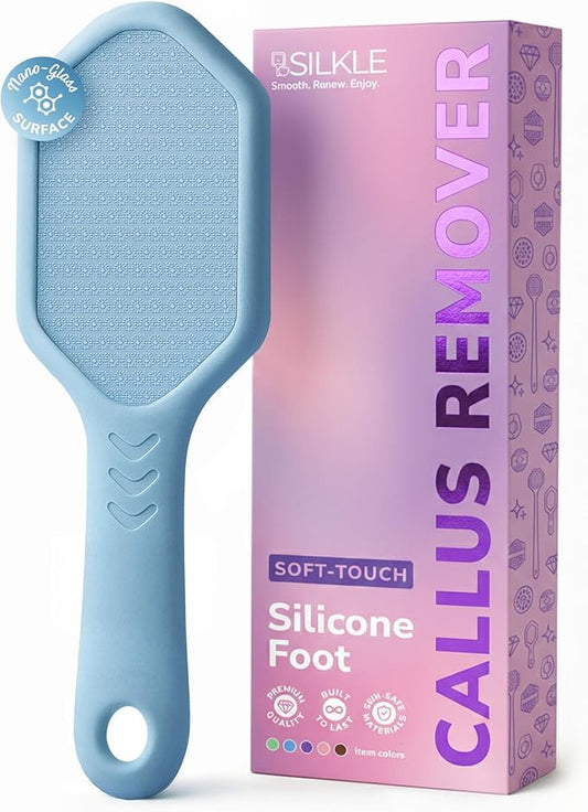 SILKLE Nano Glass Foot File - Silicone Foot Callus Remover for Feet and Cracked Heels - Heel Scraper for Dead Skin - Ergonomic Foot Scrubber & Exfoliator for Shower with Non-Slip Grip - Blue