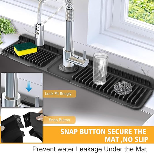 24-Inch Kitchen Sink Splash Guard Mat | 7° Slope for Fast Self-Draining | Snap-Lock Design | Universal & Cuttable Silicone Faucet Mat (Black)