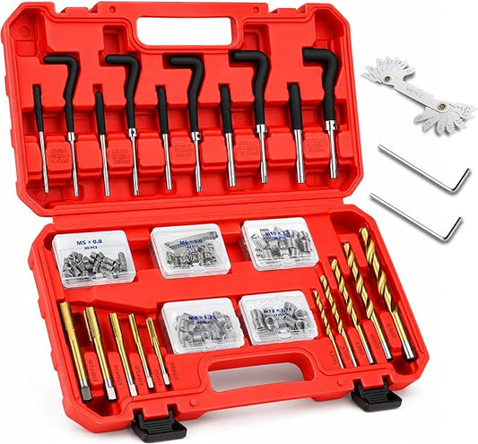 175PC Metric Thread Repair Kit, Thread Restorer Tool Set with HSS Drill Bits, Taps, Thread Inserts, Installation and Break-Off Tools for Stripped Threads, Automotive Repair, Metalworking, Garage Use