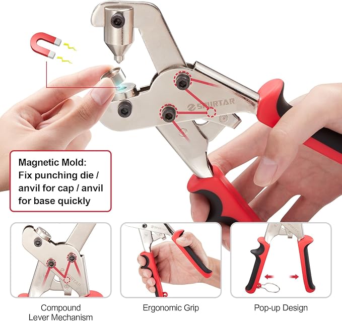Spurtar Snap Fastener Tool Heavy Duty Snap Button Kit with 40 Sets 15mm Snaps and 3 Dies Upgraded Dual-Lever Design Snap Fasteners for Boat Cover Sewing Leather Fabric Cloths Canvas Tarp DIY