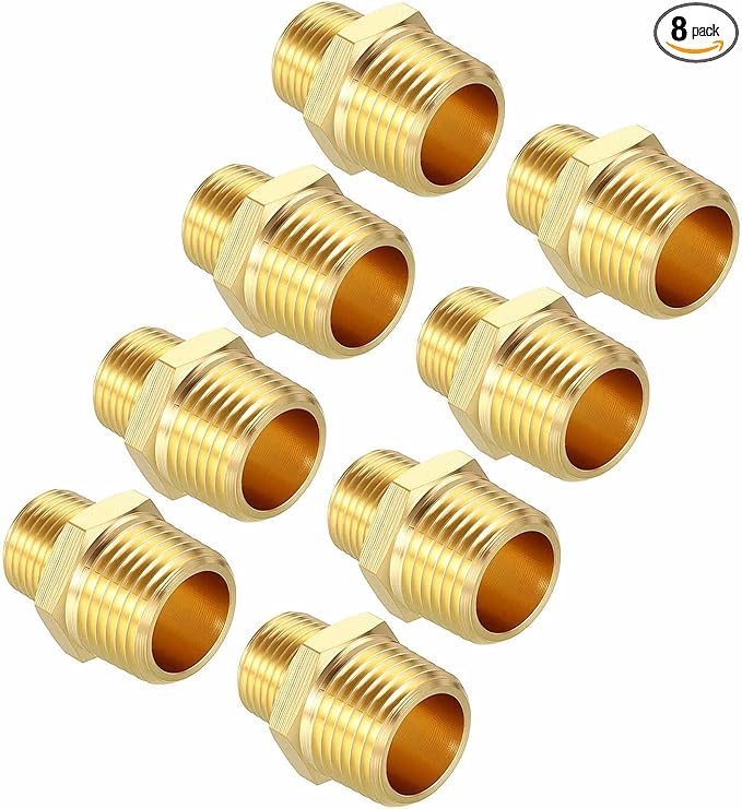 Pack of 8, 1/2" MNPT To 3/8" MNPT Solid Brass Hex Nipple Hose Connectors W/Sealing Tapes, Male Pipe Adapter for Pipe Leak Repair, Bathroom Remodeling, Tool Extension, Compression