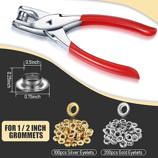 Mudder 301 Pcs Grommet Eyelet Pliers Tool Kit, Fabric Leather Hole Eyelets and Grommets Punch Pliers with 300 Metal Eyelets for Belt Shoes Cloths(1/2 Inch,Gold, Silver)