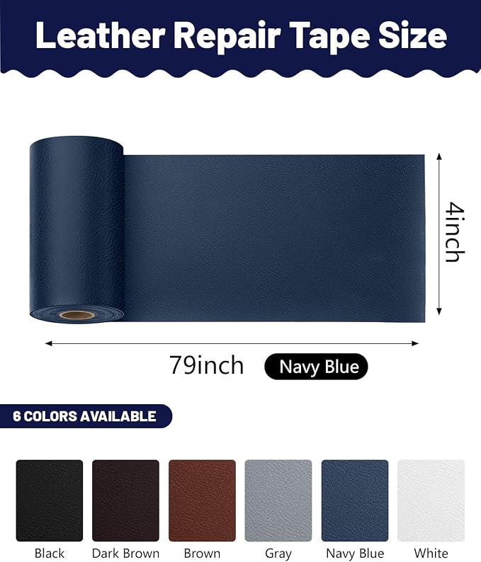 BOUYEER Leather Repair Patch Tape Kit,Self Adhesive Leather Repair for Sofa，Car Seat,Office Chair,Furniture,Jacket,Waterproof Strong Adhesive Vinyl Repair Kit. 4 in x 79 in,Fine Grained Navy Blue