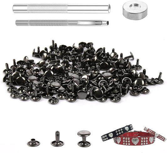 100 Sets Leather Rivets 9x10mm Double Cap Rivets Snaps Metal Studs Fasteners with 3pcs Setting Tools for Leather Craft DIY Repair Decoration, Gunmetal