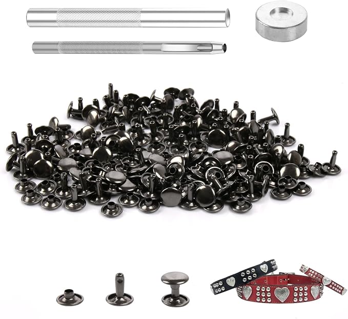 100 Sets Leather Rivets 10x8mm Double Cap Rivets Snaps Metal Studs Fasteners with 3pcs Setting Tools for Leather Craft DIY Repair Decoration, Gunmetal