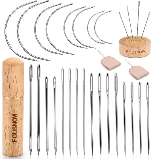 FOUSNOW 28 Pcs Leather Sewing Needles Kit, Heavy Duty Sewing Needles Kit with Upholstery Needles, Needle Threaders for Hand Sewing, Curved Needles for Leather Upholstery Car Carpet Sofa Repair