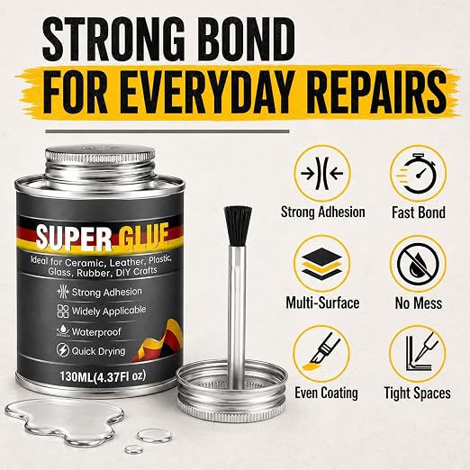 Multi-Purpose Super Glue, 4.37 oz Clear High Strength Adhesive with Brush | Clear high-strength bond, brush applicator, repairs rubber, PVC, acrylic, wood, ceramic, leather, plastic