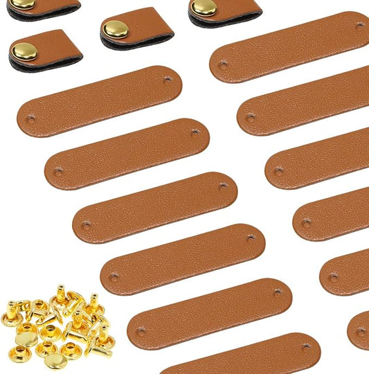 ONLYKXY Brown Small PU Leather Handmade Tag with Rivet Button for Knits,Universal Blank Label Cute Repair Patch Soft Crochet Tape with Holes for DIY Clothing,Sewing Stamping,Keychain (20)