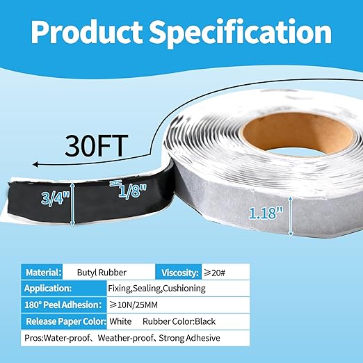 Butyl Tape 1/8" x 3/4" x 30', Double Sided Butyl Sealant Tape for RV, Trailer, Auto, Motorhome, Boat& Home Repair | Strong Adhesive