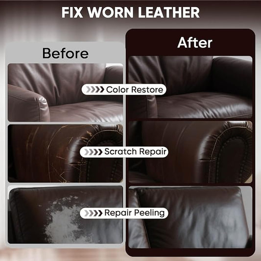 Leather Recoloring Balm - Scratch Repair & Color Restore Kit for Faded Leather, Leather Couch & Car Seats - 10OZ Leather Restorer Balm for Furniture, Auto Interior, Vinyl, Accessories (Dark Brown)