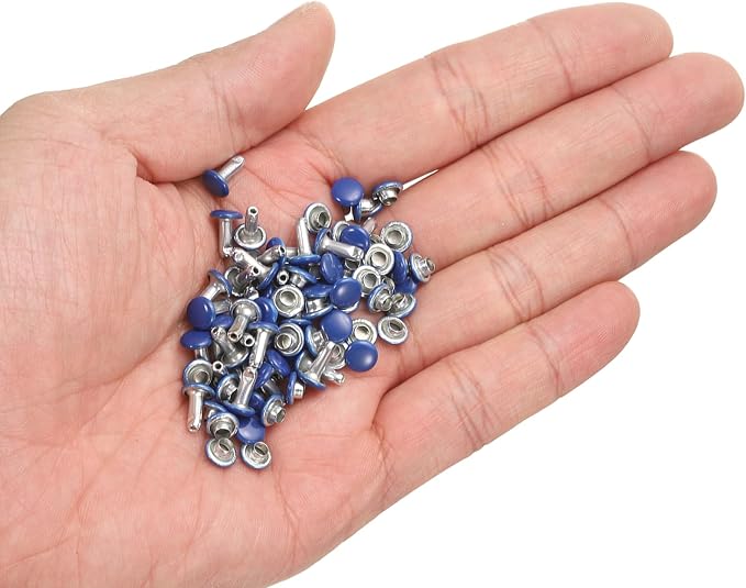 HARFINGTON 100 Sets Double Cap Leather Rivets, 6x8mm Round Cap Tubular Metal Studs Leather Crafting Rivets for Fabric Belt Pet Collar Boot Bag Repair and Decoration, Dark Blue