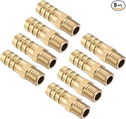Pack of 8 Brass Hose Barb Fittings Adapter Connector 10mm Hose Barb to M10x1.25 Male Fittings for Home Machines, Massage Bathtubs, and Irrigation Systems