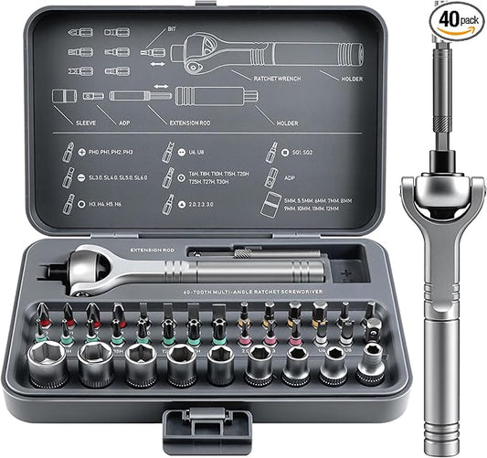 Magnetic Screwdriver Set 40-in-1 Ratchet Screwdriver Tool Kit with 270° Ball-Joint Handle - Portable CRV Bits Precision Repair Tool Set for Electronics,Computer,Phone,Bikes, Watches,Camera